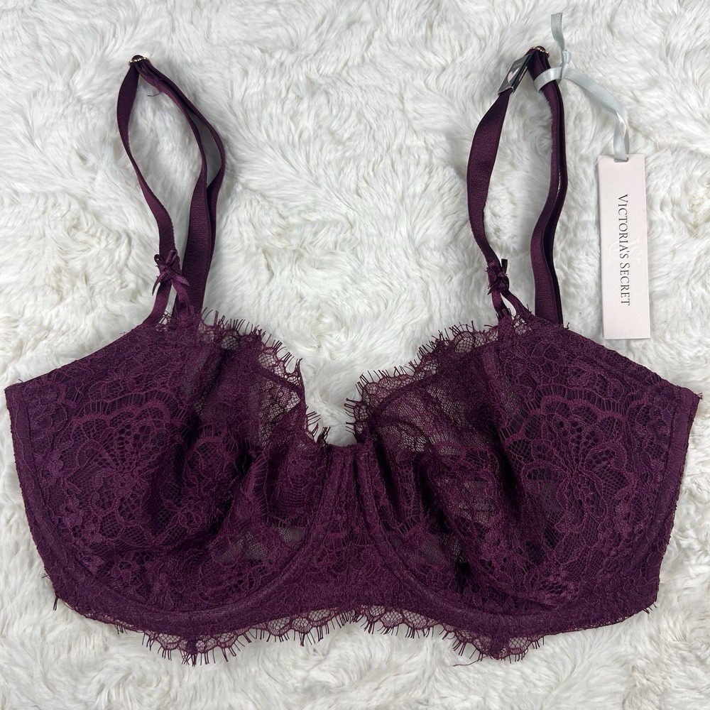 Victoria's Secret Dream Angels Unlined Uplift Lace Bra Burgundy / Wine 32DDD NWT